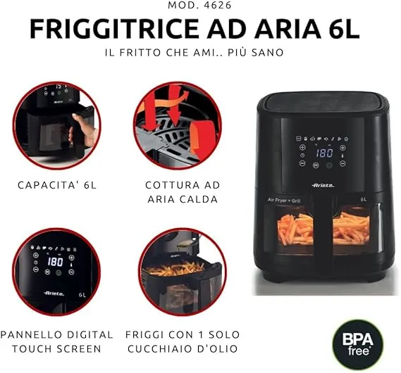 Ariete Air fryer 4626, 6L capacity, 2.5kg cooking capacity, 8 preset programs, Temperature up to 200°, Transparent basket for cooking control, 1300 W, Black (by De'longhi Group)