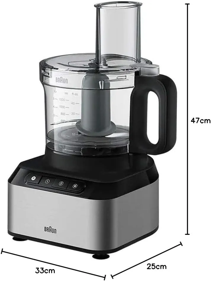 Braun PureEase FP3233SI Compact Food Processor, Citrus Press, Spatula, Dough Tool, Plastic Multi Mill, 1.2 L Blender and 2.1 L Bowl Capacity, 800 Watts, Black